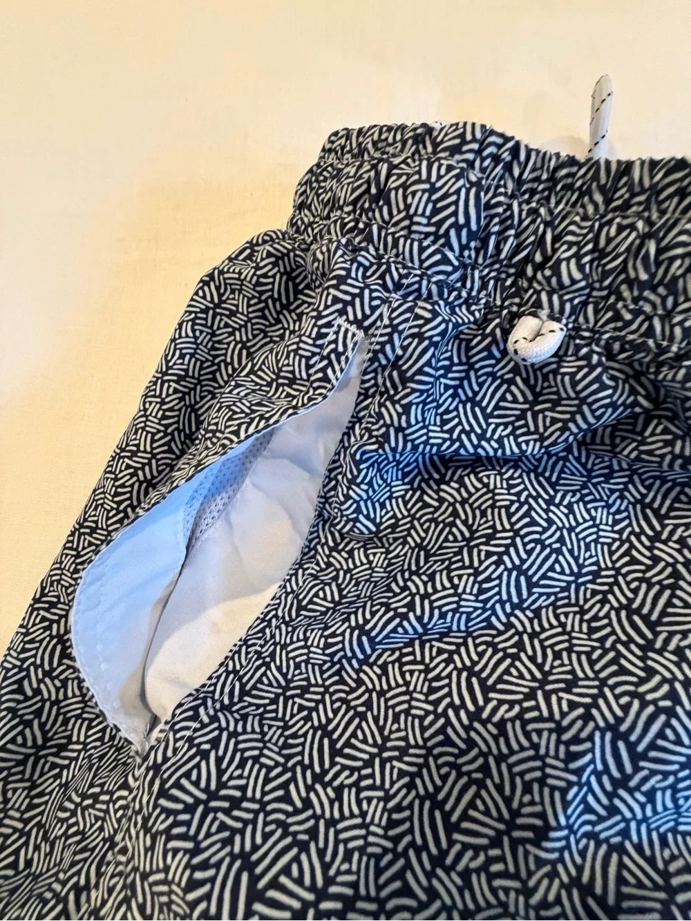 Men's Blue Patterned Swim Trunks with Drawstring Waist
